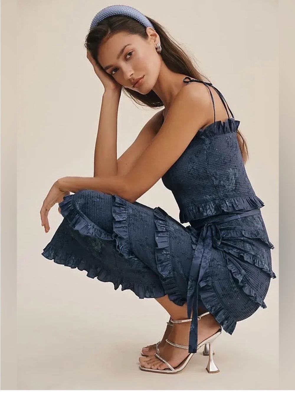 V Chapman / BHLDN  Lily Ruched & Ruffled stretch satin midi dress